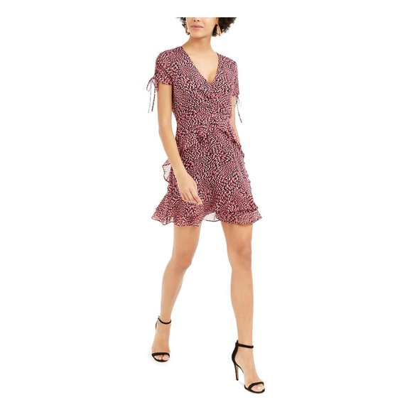 BAR III Women Mini Dress Sheath Animal Print Ruffle Drawstring Sleeve Pink 6 - Picture 1 of 12